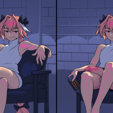 1boy, 2koma, astolfo (fate), astolfo monster cosplay (meme), balls, big penis, braid, clothed, clothing, crossdressing, crossed legs, cute fang, fate (series), femboy, girly