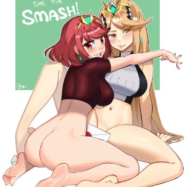 2girls, ass, blonde hair, blush, bottomless, female only, kneeling, l4wless, looking back, mythra, nintendo, pyra, red eyes, red hair, spread legs