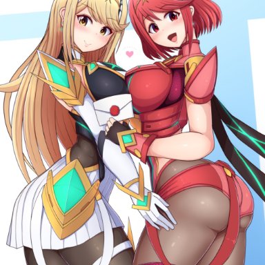 armor, ass, big breasts, blonde hair, earrings, envelope, gloves, headpiece, heart, jewelry, looking at viewer, mythra, nintendo, ponpo, pyra