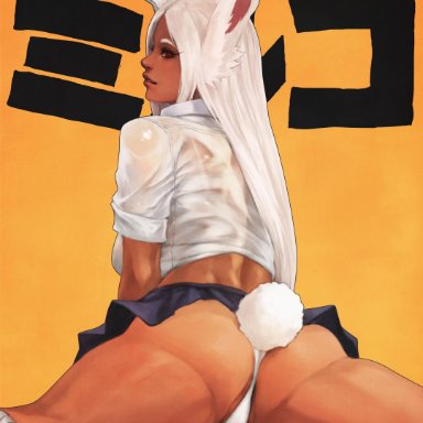 1girls, abs, absurdres, alternate costume, animal ears, anus, ass, ass focus, blue skirt, breasts, brunette, bunny ears, bunny girl, bunny tail, character name