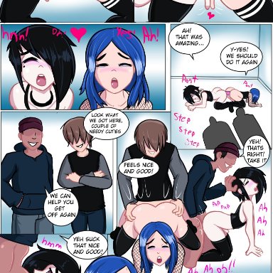 4boys, all fours, anal, anal sex, ass, ass to ass, balls in panties, balls touching, black hair, blue hair, blush, bulge, comic, crossdressing, dialogue