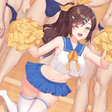 1girls, 3boys, ambiguous penetration, animated, artist request, big breasts, big penis, cheerleader, cum, cum in mouth, cum in pussy, cum inside, cum on body, cum on breasts, cum on face