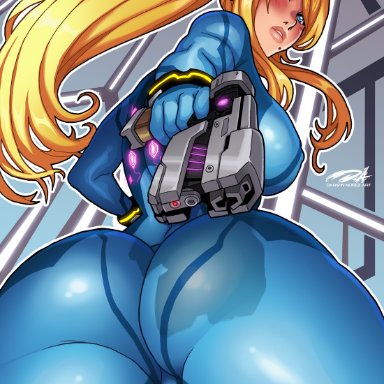 1girls, ass, blonde hair, blue eyes, blush, darkereve, gun, looking at viewer, metroid, nintendo, ponytail, samus aran, tagme, zero suit, zero suit samus