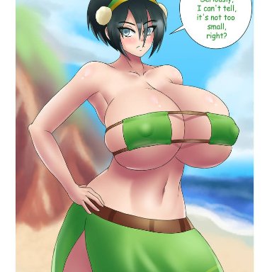 aged up, avatar the last airbender, azraelwebster, bare shoulders, big breasts, blind, blush, coy, curvy, cute, earth kingdom, flustered, gigantic breasts, hand on hip, huge breasts