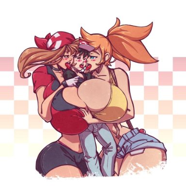 1boy, 2girls, after kiss, alternate body type, alternate breast size, amazon, ass, bandana, between breasts, big breasts, blue hair, blush, breast grab, breast squeeze, breasts