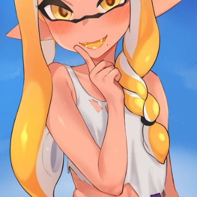 ?, ambiguous gender, blush, bottomless, cephalopod, cephalopod humanoid, clothing, inkling, jtveemo, looking at viewer, nintendo, pointy ears, pseudo hair, solo, splatoon