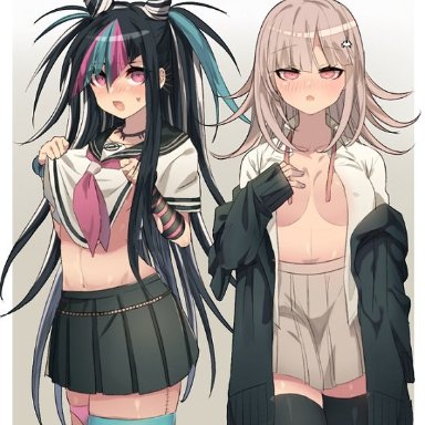 2girls, big breasts, black hair, blue hair, blush, danganronpa, female only, hairclip, lifting clothing, lifting shirt, long sleeves, looking away, mioda ibuki, nanami chiaki, pale skin