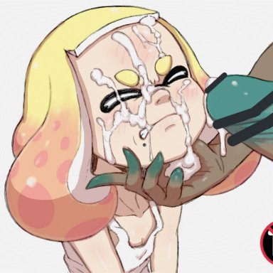 1girls, blush, censored, cephalopod, cephalopod humanoid, clenched teeth, closed eyes, cum, cum on closed eye, cum on face, cum on forehead, cum on hand, cum on penis, cum over mouth, dark skin