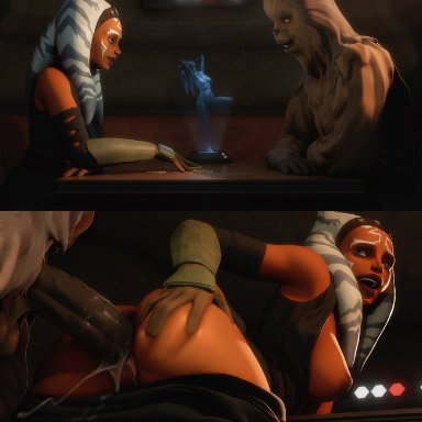 1boy, 1girls, ahsoka tano, alien, ass, ass grab, bar, before and after, bent over, bent over table, blue eyes, breasts, breasts outside, cantina, chair