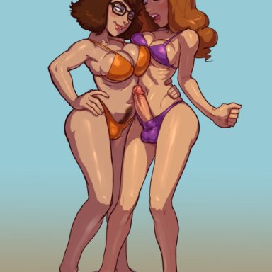 1girl, 1shemale, balls, big breasts, bikini, breasts, cleavage, daphne blake, dickgirl, duo, erection, female, futanari, glasses, hair