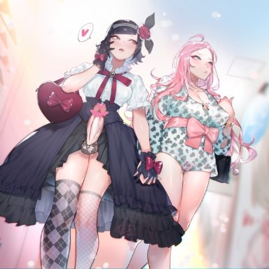 asymmetrical legwear, bag, black gloves, black hair, date, dick out, futa with female, futanari, futanari-san to nonke-san, gothic lolita, gyaru, hand holding, heart censor, interlocked fingers, maaya ichiki