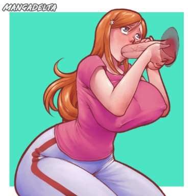 1boy, 1girls, big penis, bleach, blowjob, blush, dojikko, glory hole, grey eyes, handjob, huge ass, huge breasts, inoue orihime, leggings, long hair