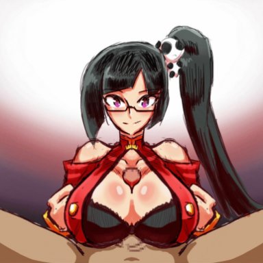 animated, black hair, blazblue, glasses, large breasts, litchi faye ling, long hair, paizuri, vkid