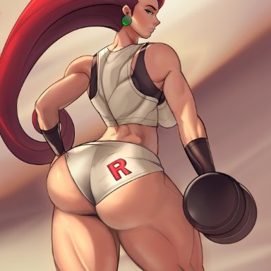 1girls, ass, big ass, big breasts, breasts, bubblebadassbutts, earrings, eye contact, female, jessie (pokemon), long hair, looking at viewer, looking back, minishorts, muscular female