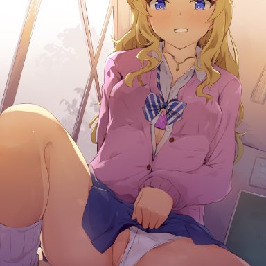 :d, bangs, bar censor, blonde hair, blue eyes, blue skirt, blush, bra, breasts, button gap, cardigan, censored, clenched teeth, collarbone, collared shirt