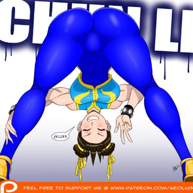 1girls, aeolus06, ass, bent over, blue clothing, blush, brown hair, cameltoe, capcom, chun-li, closed eyes, english text, grabbing legs, grin, highres