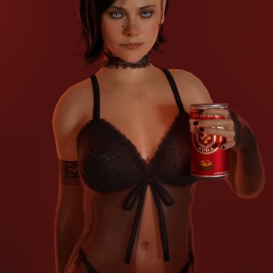 3d, black hair, blue eyes, call of duty, call of duty black ops cold war, elbow gloves, emberstock, helen park (cod), lingerie, looking at viewer, short hair, smile, soda can