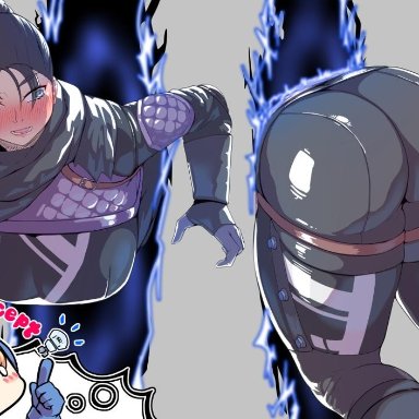 !?, 2girls, apex legends, ass, belt, bent over, black hair, blonde hair, blue eyes, blush, bodysuit, breasts, chibi, commentary request, large breasts