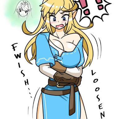 !?, bare legs, blonde hair, blue eyes, blush, breast expansion, breath of the wild, champion's tunic, cleavage, haruozi, link, long hair, mtf transformation, mythra, nintendo