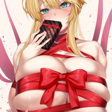 1girls, ahoge, aqua eyes, arm under breasts, artoria pendragon, artoria pendragon (lancer), barely contained, big breasts, blonde hair, blush, box of chocolates, breasts, breasts bigger than head, bursting breasts, chocolate