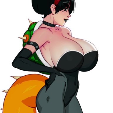 1girls, avatar the last airbender, big breasts, bowser, bowsette, breasts, collar, crown, fanart, female, female only, hair bun, hairbun, hand on hip, horns