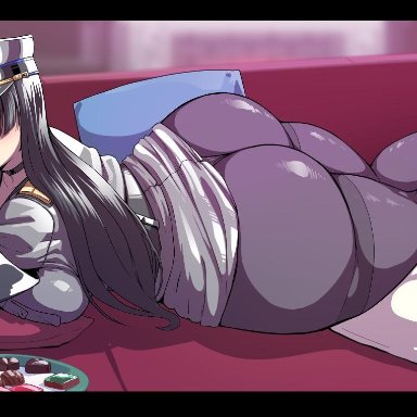 ass, black hair, breasts, female, gloves, hat, huge ass, huge breasts, long hair, looking at viewer, lying, military, military uniform, on stomach, pantyhose