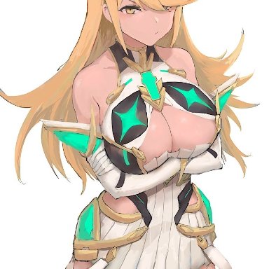 1girls, arqa, Arqodeon, blonde hair, breasts, cleavage, female, female only, huge breasts, mythra, nintendo, nipples, thighlet, xenoblade (series), xenoblade chronicles 2