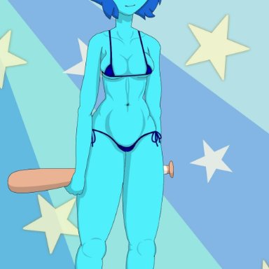 average breasts, baseball bat, baseball cap, blue background, blue bikini, blue eyes, blue hair, blue skin, blue socks, ESKIZDS, lapis lazuli (steven universe), micro bikini, slim, smile, sneakers