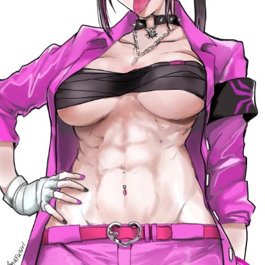 abs, bare midriff, big breasts, black hair, breasts, bursting breasts, busty, capcom, cleavage, hourglass figure, juri han, large breasts, navel, navel piercing, overflowing breasts