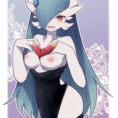 :d, asymmetrical legwear, bare arms, bare shoulders, breasts, collarbone, commentary, commission, crown, dress, english commentary, eyebrows visible through hair, female, furrowed eyebrows, gardevoir