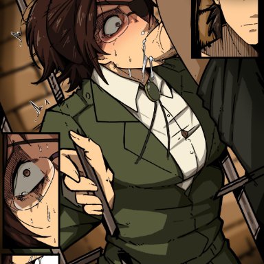 1boy, 1girls, attack on titan, blowjob, blush, breasts, cum, cum in mouth, eren jaeger, eyepatch, fellatio, female, forced oral, glasses, hanji zoe