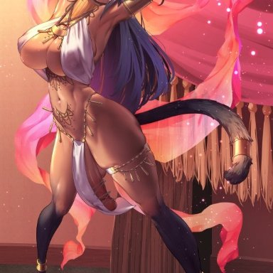 1futa, ahoge, animal ears, animal legs, balls, big breasts, big penis, breasts, cat ears, cat tail, catgirl, dark skin, dickgirl, dress, flaccid