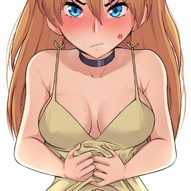 1girls, angry, asuka langley sohryu, big breasts, blue eyes, blush, breasts, cleavage, clothed, clothing, female focus, female only, hioyami, long hair, looking at viewer