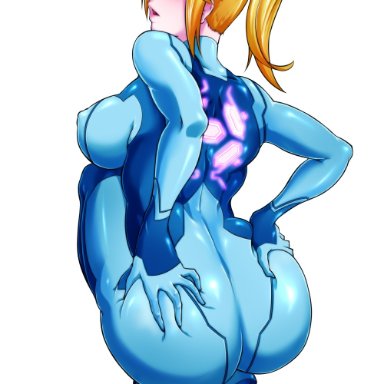 ass, big ass, big breasts, blonde hair, breasts, crouching, hand on ass, kanta (k n t r o), looking at viewer, looking back, metroid, ponytail, samus aran, zero suit