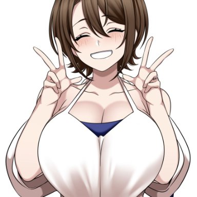 blush, brown hair, camui kamui, cleavage, closed eyes, curvy, dress, female, huge breasts, original, original character, short hair, smiling, thick thighs, victory pose