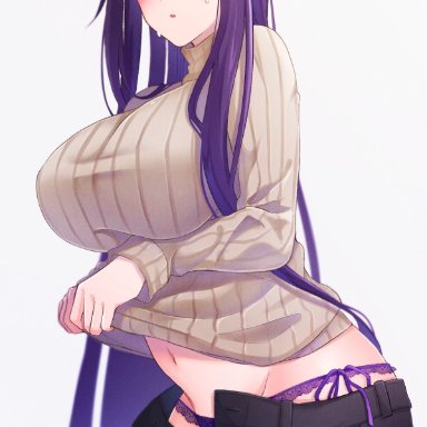 1girl, belly button, big breasts, black pants, breasts, curvy, curvy female, doki doki literature club, g-string, geppei, huge breasts, looking at viewer, navel, panties, pants