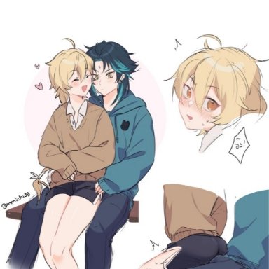 2boys, aether (genshin impact), ahoge, amber eyes, blonde hair, boner, braided hair, femboy, genshin impact, green hair, green highlights, hair ornament, shorts, sitting on person, wholesome