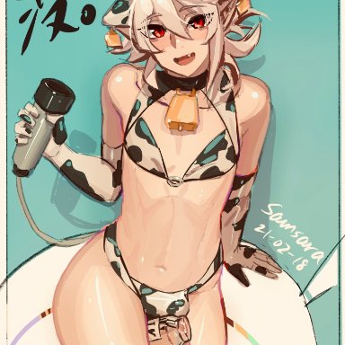 bare thighs, bulge, corrin (fire emblem), corrin (fire emblem) (male), cow boy, cow print, cow print bikini, elbow gloves, femboy, fire emblem, fire emblem fates, gloves, looking at viewer, milk, milking machine