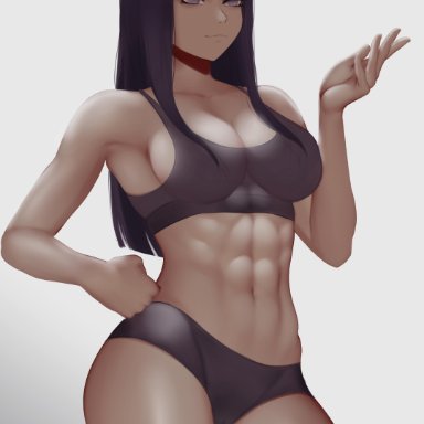 1girls, abs, bare shoulders, big breasts, blunt bangs, breasts, cameltoe, cleavage, curvy figure, eyelashes, eyeliner, female, female only, hand on hip, hyuuga hinata