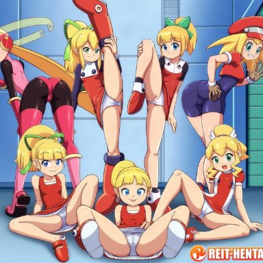 ass, background, bent over, blonde hair, blue eyes, cameltoe, green eyes, looking at viewer, mega man, mega man battle network, mega man legends, multiple girls, panties, ponytail, presenting