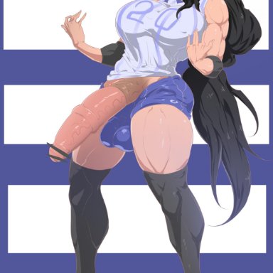 1futa, balls, big balls, black hair, breasts, clothed, clothing, full body, futa only, futanari, horsecock, huge balls, huge cock, human, large balls