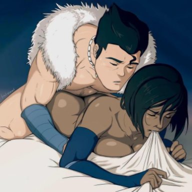 1boy, 1girls, ambiguous penetration, arm sleeves, ass, avatar the last airbender, balls, bed, biceps, big breasts, biting sheets, bob cut, bolin, breast press, breasts