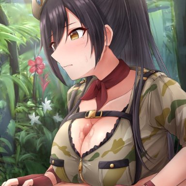 1boy, bangs, beret, black hair, blush, breasts, brown gloves, camouflage, camouflage shirt, cleavage, collarbone, female, fingerless gloves, flower, forest