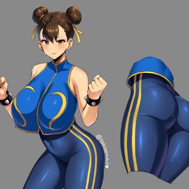 1girls, ass, big breasts, breasts, brown eyes, brown hair, capcom, chun-li, curvy figure, eye contact, female, grey background, large breasts, looking at viewer, skin tight