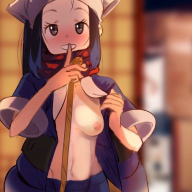 1girls, blue hair, blush, breasts, female protagonist (pokemon legends: arceus), hat, japanese clothes, navel, nipples, pokemon, pokemon legends: arceus, tagme