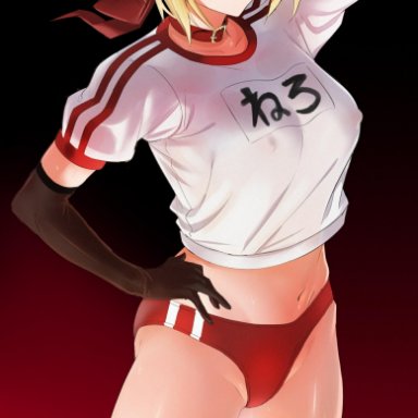 blonde hair, erect nipples, fate (series), fate/grand order, gloves, green eyes, looking at viewer, nero claudius (fate), sportswear, tagme