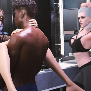 3d, ashe (overwatch), ass, black body, black penis, blender, clothed, clothing, dark-skinned male, daz studio, daz3d, fitness, interracial, intersex, lesbian cheating with male