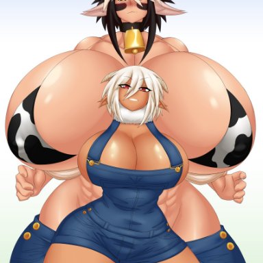 2girls, abs, bikini top, blush, breasts bigger than head, cathyl, cleavage, curvy, gigantic breasts, head in chest, horns, huge breasts, kyelyn, minotaur, monster girl