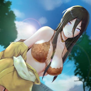 1girls, alternate breast size, artist request, bare shoulders, big breasts, blue sky, boruto: naruto next generations, bra, breasts, brown hair, busty, choker, clothing, curvy, female