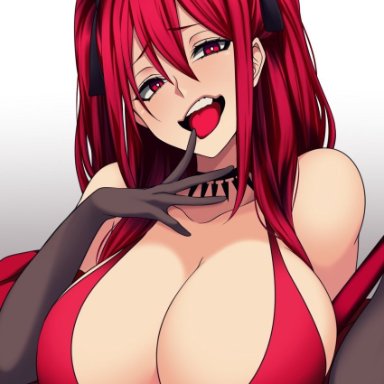 ahe gao, ahegao, big breasts, camui kamui, cleavage, dress, gloves, horny, huge breasts, large breasts, red eyes, red hair, slut, slutty face, twintails